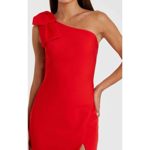 Ieena for Mac Duggal 26665 Red Bow One Shoulder Side Slit Gown READ - Picture 3 of 13